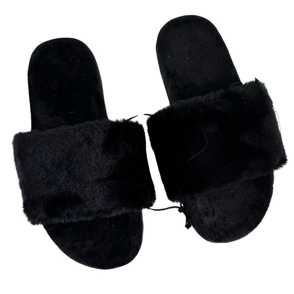 NWT Express Black Faux Fur Slides Size 6 Cozy Slippers Slip On